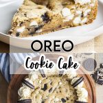 A collage of two photos of oreo cookie cake with a text block between them for pinterest.