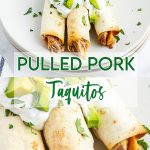 A collage of two photos of pulled pork taquitos with a text block between them for pinterest.