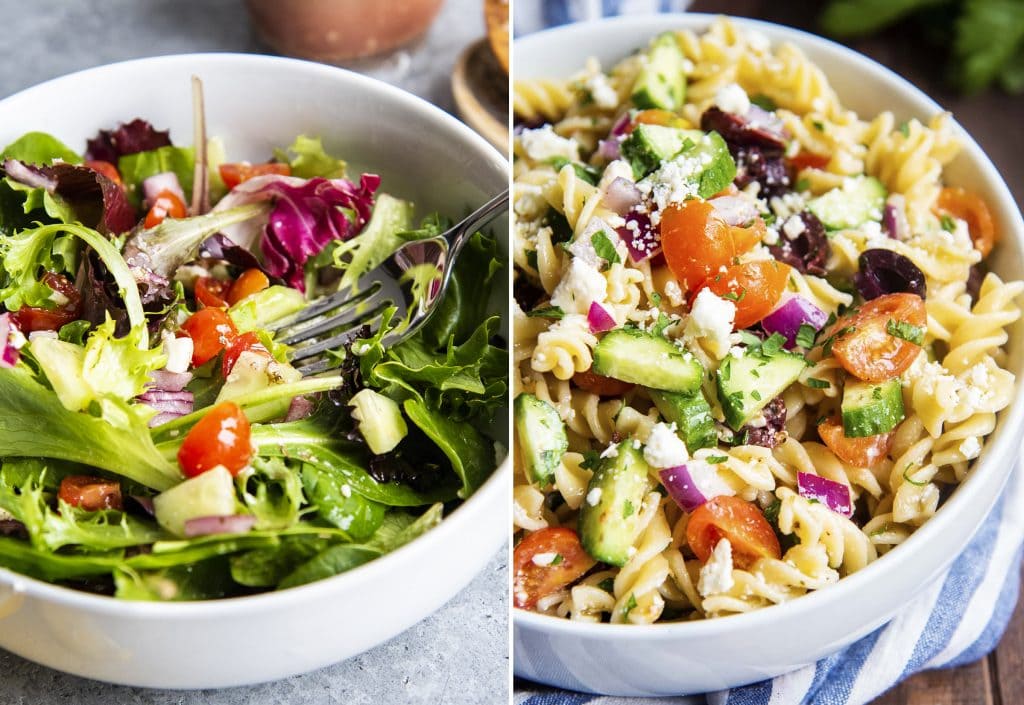 A collage of two photos side by side, one is a green salad, one is a greek pasta salad. 