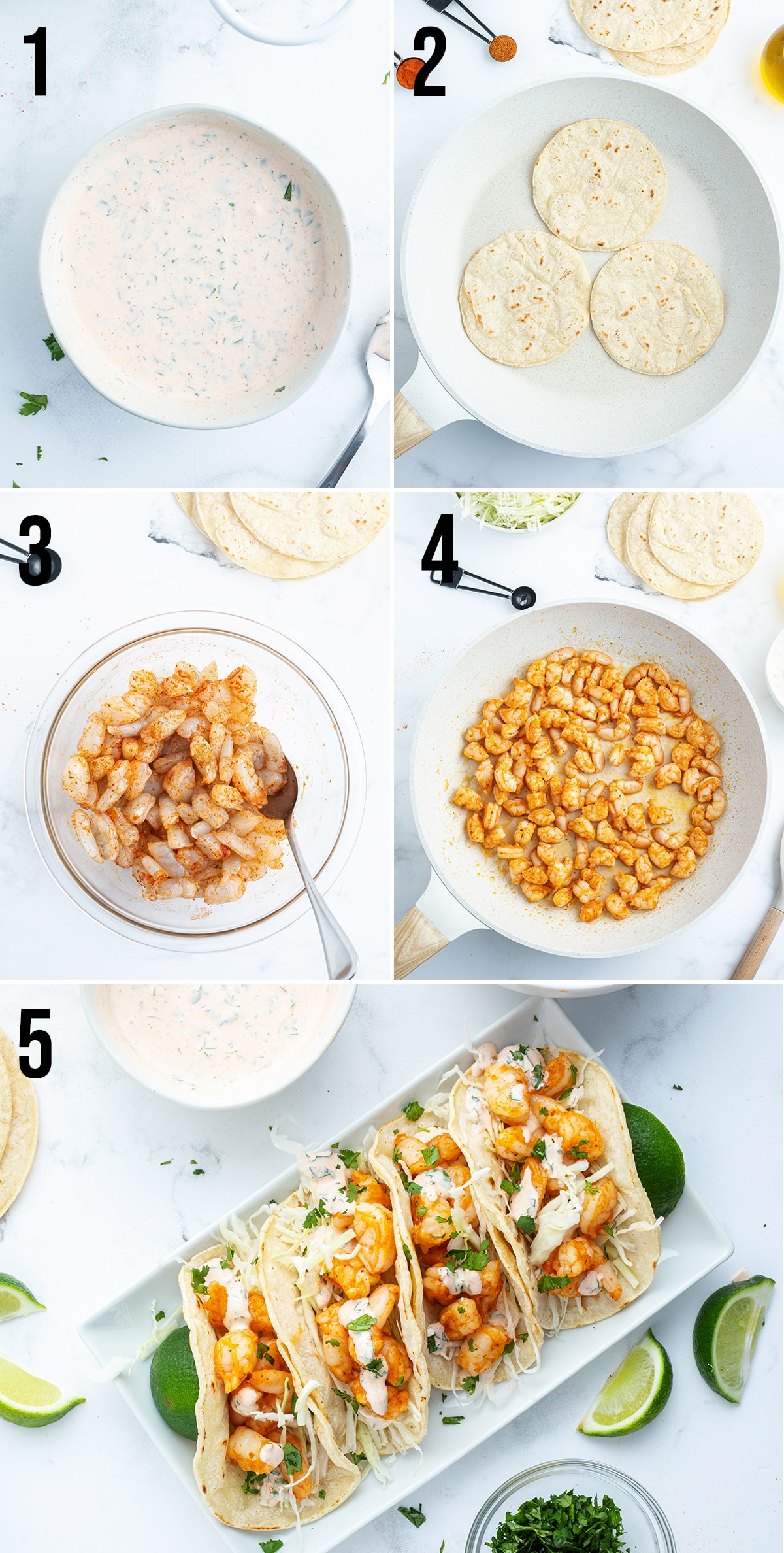 A collage of 5 photos showing the steps of how to make shrimp tacos. 