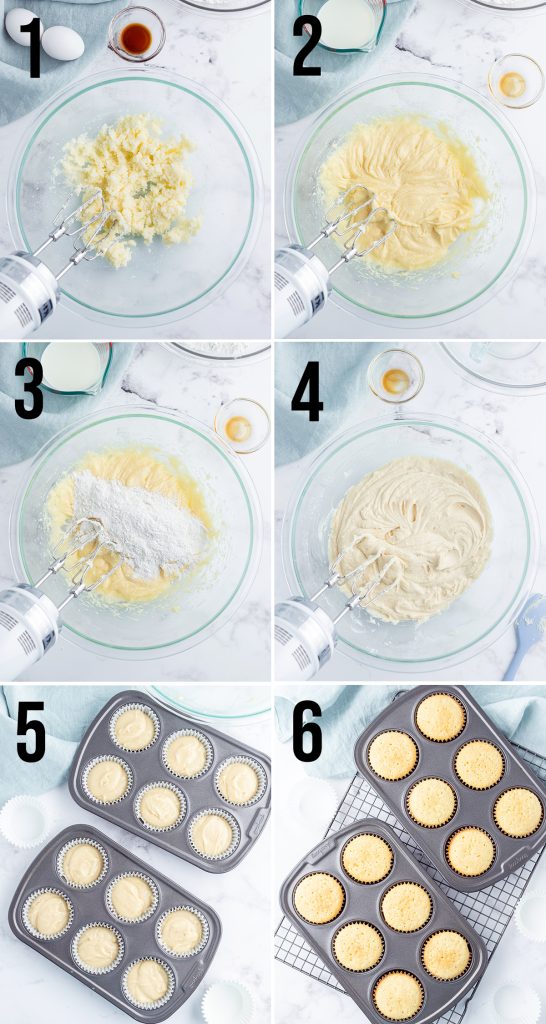 A collage of 6 steps showing how to make vanilla cupcakes.