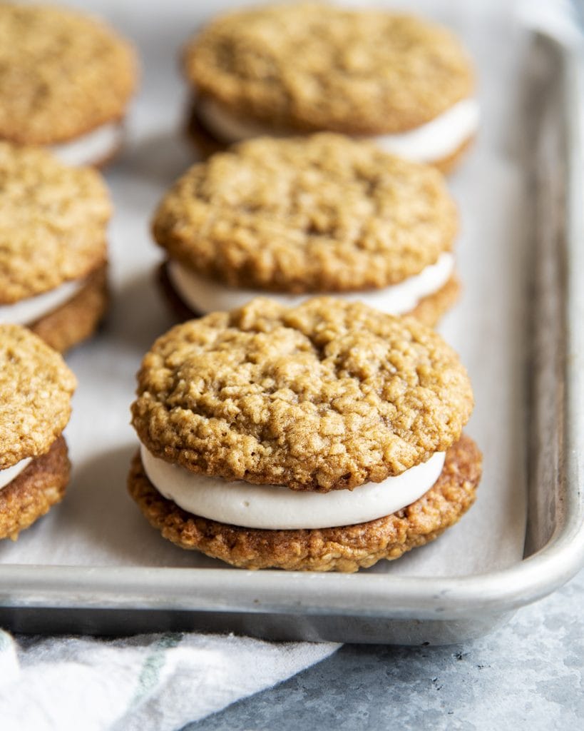 Rows of oatmeal cream pie cookie sandwiches.