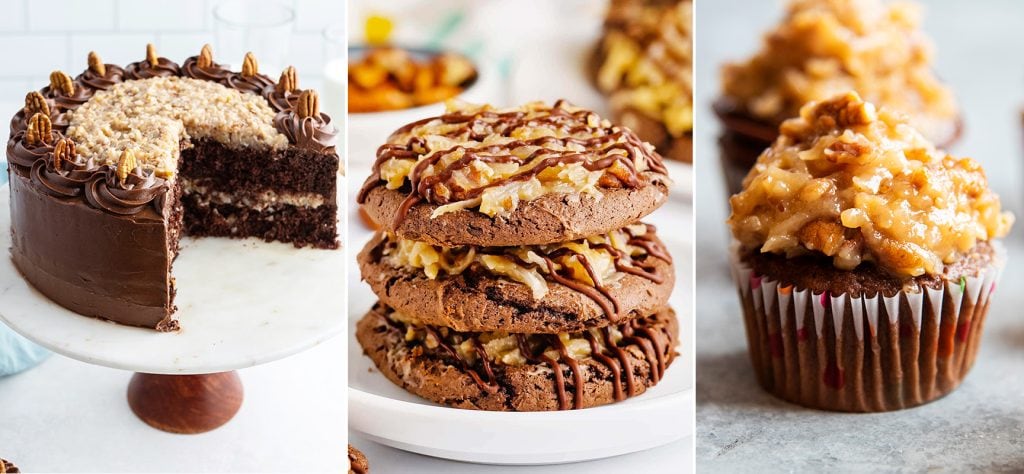 A collage of three photos showing desserts with coconut pecan frosting, a German chocolate cake, cookies, and cupcake.