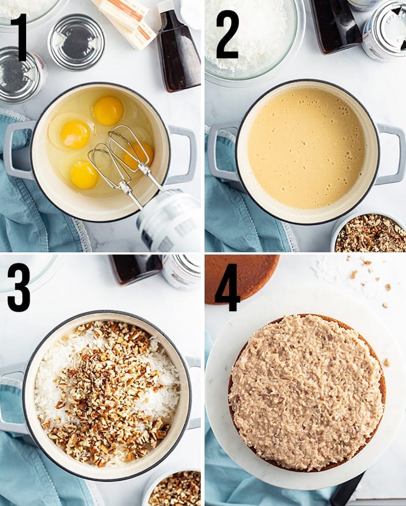 A collage of 4 photos showing the steps to making coconut pecan frosting. 