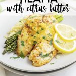 A tilapia fillet topped with citrus butter with a text block overlay for pinterest.