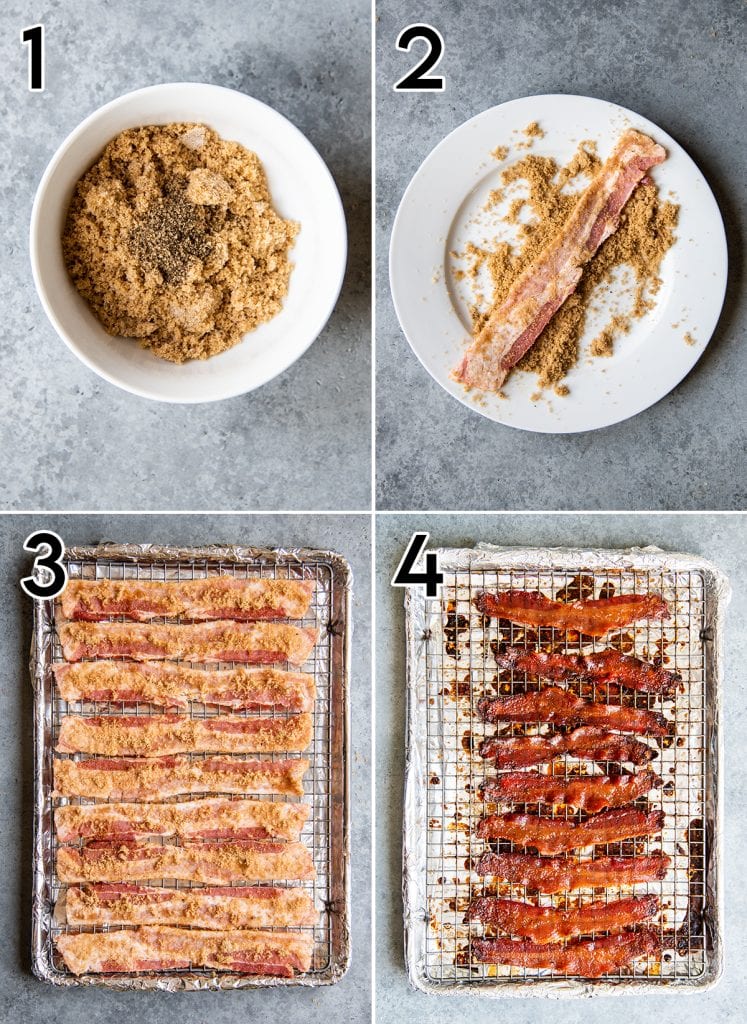 A collage of 4 photos showing the steps for how to make brown sugar bacon.