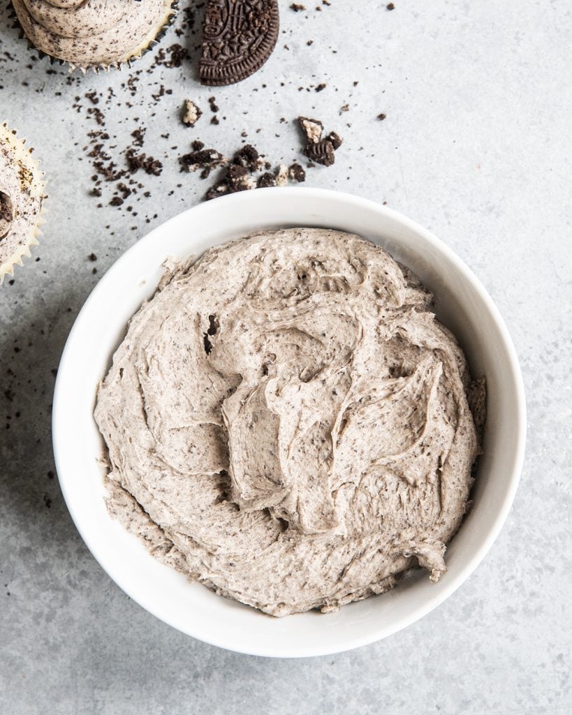 An overhead photo of a bowl of Oreo frosting.