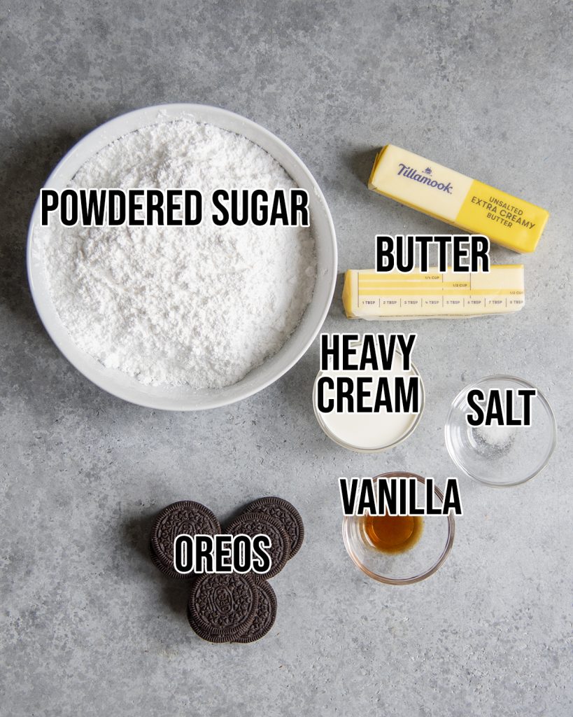 An overhead photo of the ingredients needed to make Oreo frosting.