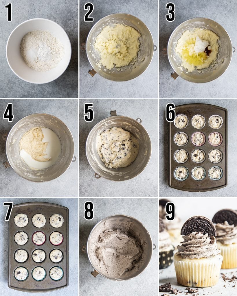 A collage of 9 photos showing how to make Oreo cupcakes.