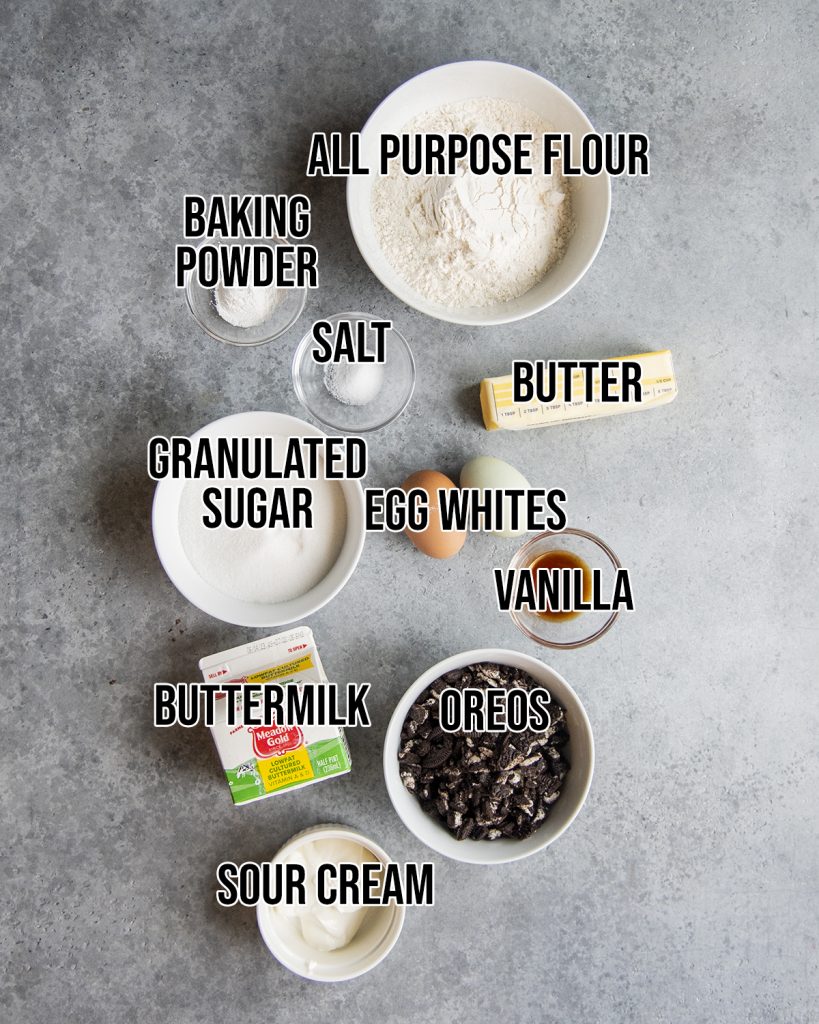 An overhead of the ingredients needed to make Oreo cupcakes with text overlay over each ingredient.