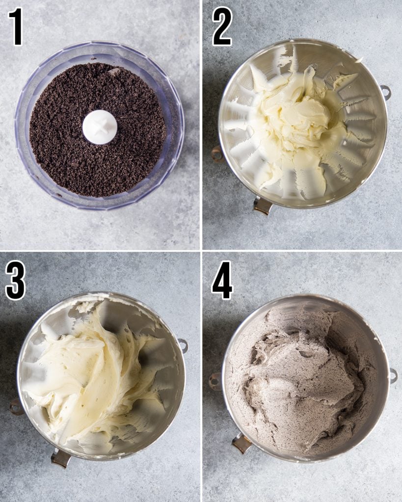 A collage of four photos showing how to make Oreo frosting.
