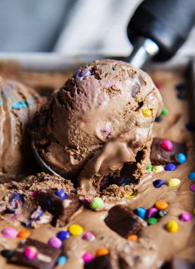 A close up of a scoop of cosmic brownie ice cream.