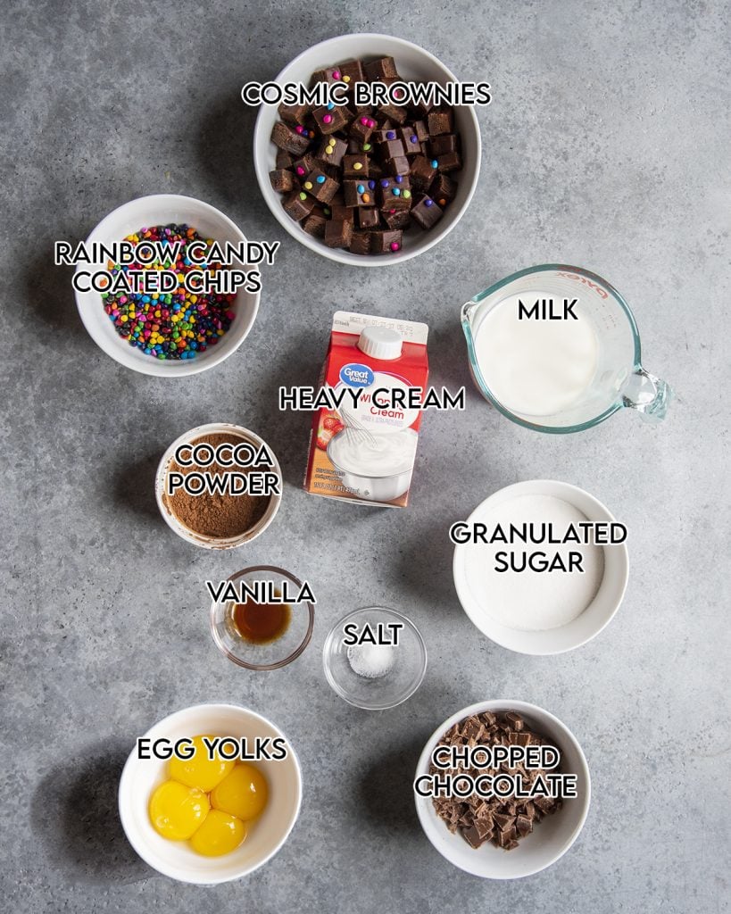 An overhead photo of the ingredients needed to make cosmic brownie ice cream, with text over each ingredient.