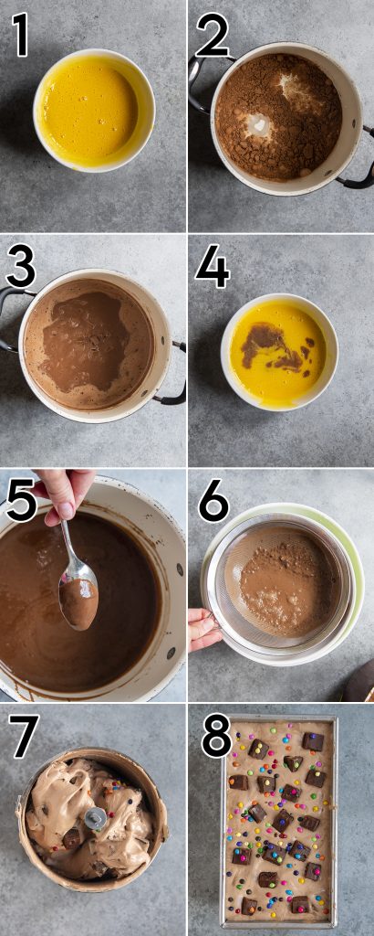 A collage of 8 photos showing how to make homemade cosmic brownie ice cream.