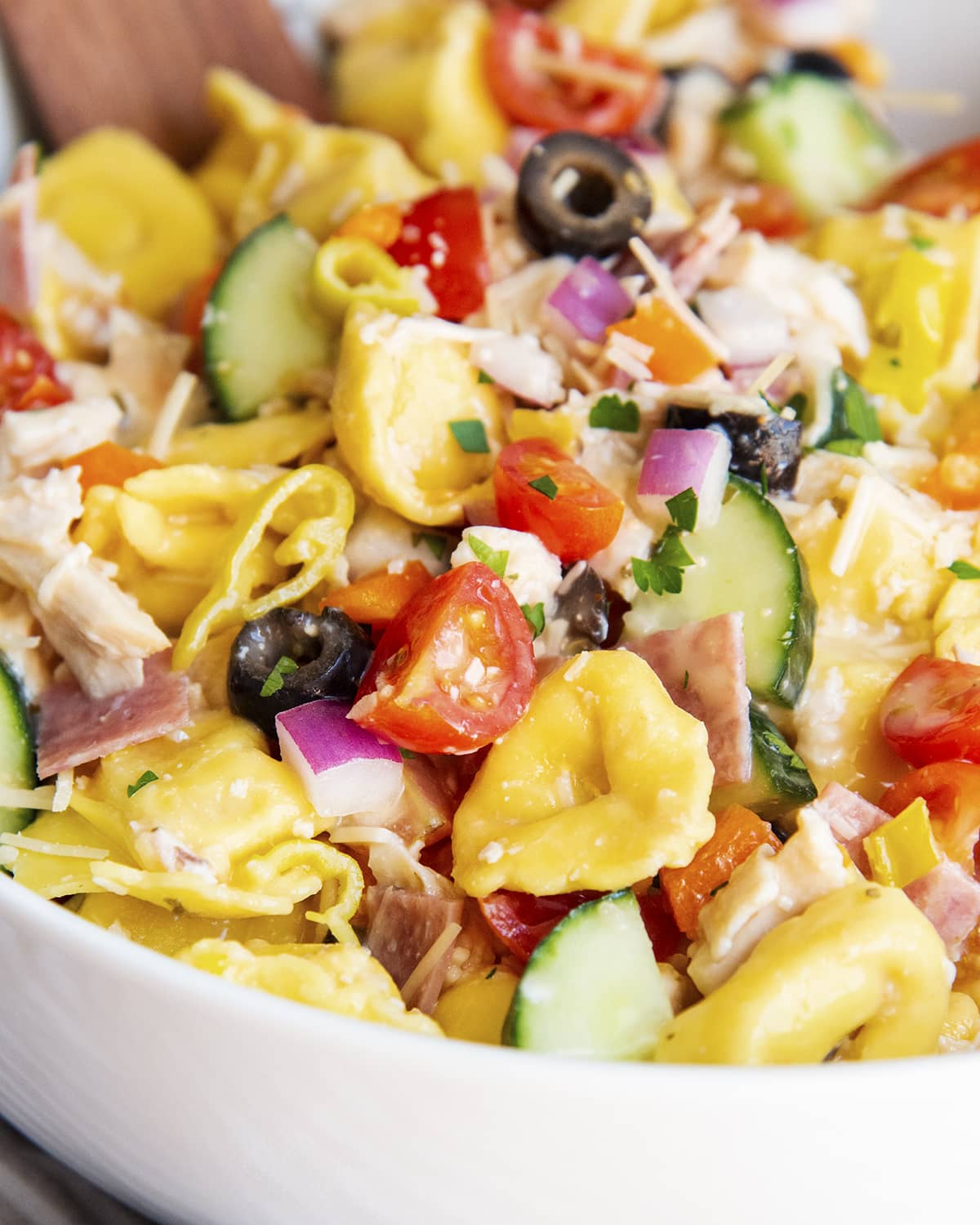 A close up of a bowl of chicken and tortellini pasta salad.