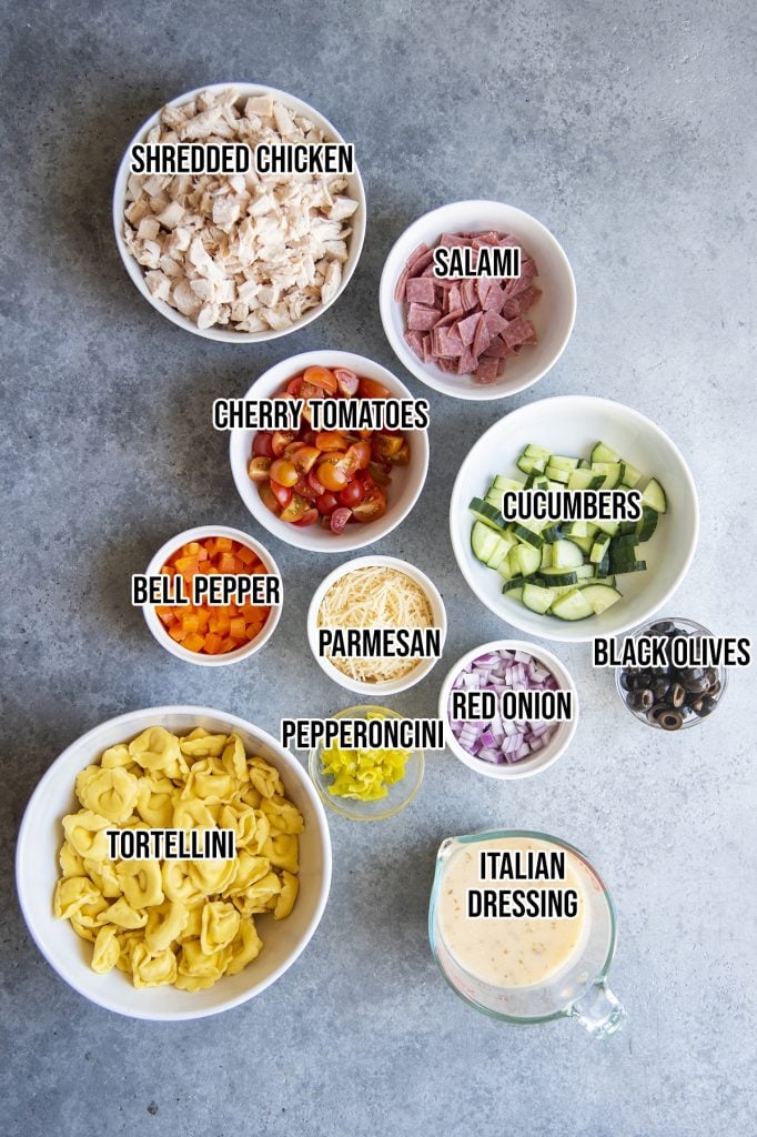 An overhead photo of the ingredients needed to make tortellini pasta salad.