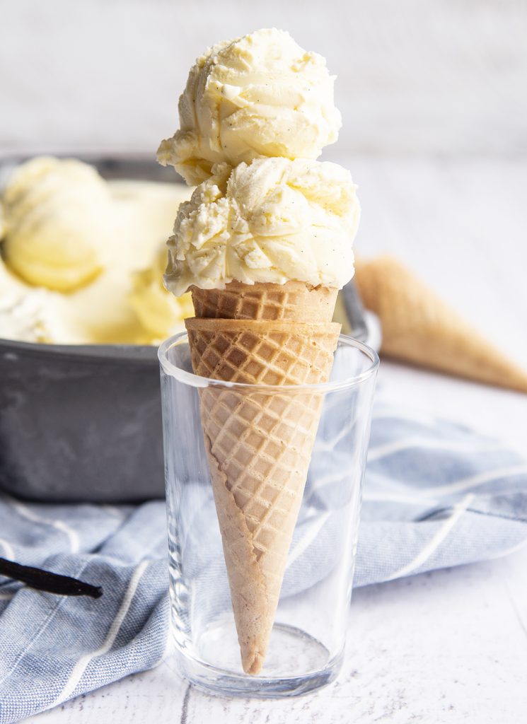 An ice cream cone standing in a cup topped with two scoops of vanilla bean custard ice cream.