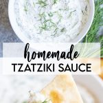 A collage of two photos of homemade tzatziki sauce with a text block between them for pinterest.