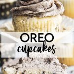 A collage of two photos of Oreo cupcakes with a text block between them for pinterest.