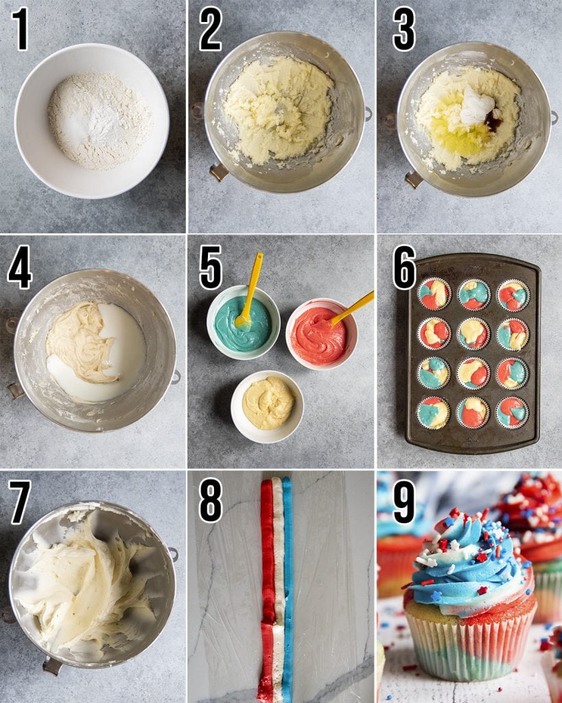 A collage of 9 photos showing how to make red white and blue cupcakes.