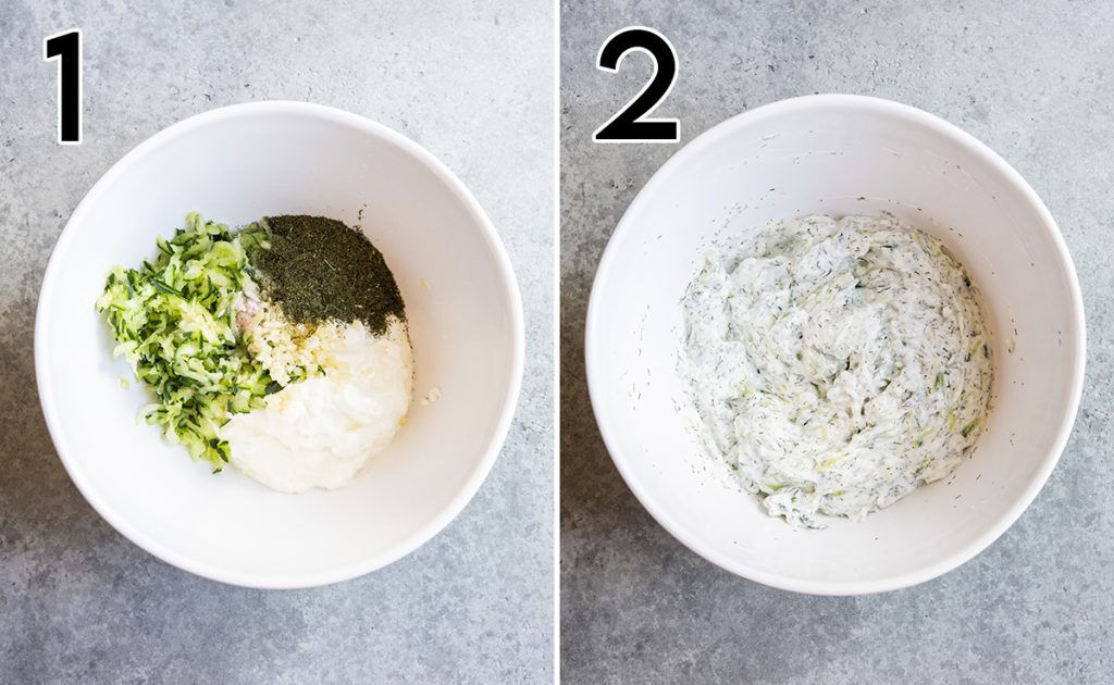A collage of two photos showing how to make tzatziki sauce.