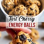 A collage of two photos of tart cherry energy balls with a text block between them.