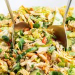 A close up of thai chicken salad with two forks in it with a text block over the top for pinterest.