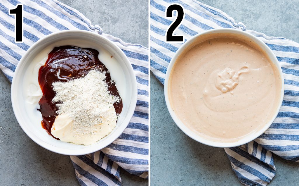 A collage of two photos showing the unmixed ingredients, then the mixed ingredients for a homemade BBQ Ranch Dressing.