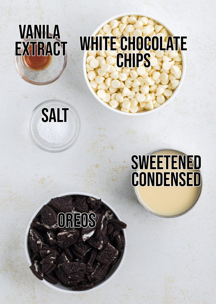 An overhead photo of the 5 ingredients needed to make white chocolate Oreo Fudge.
