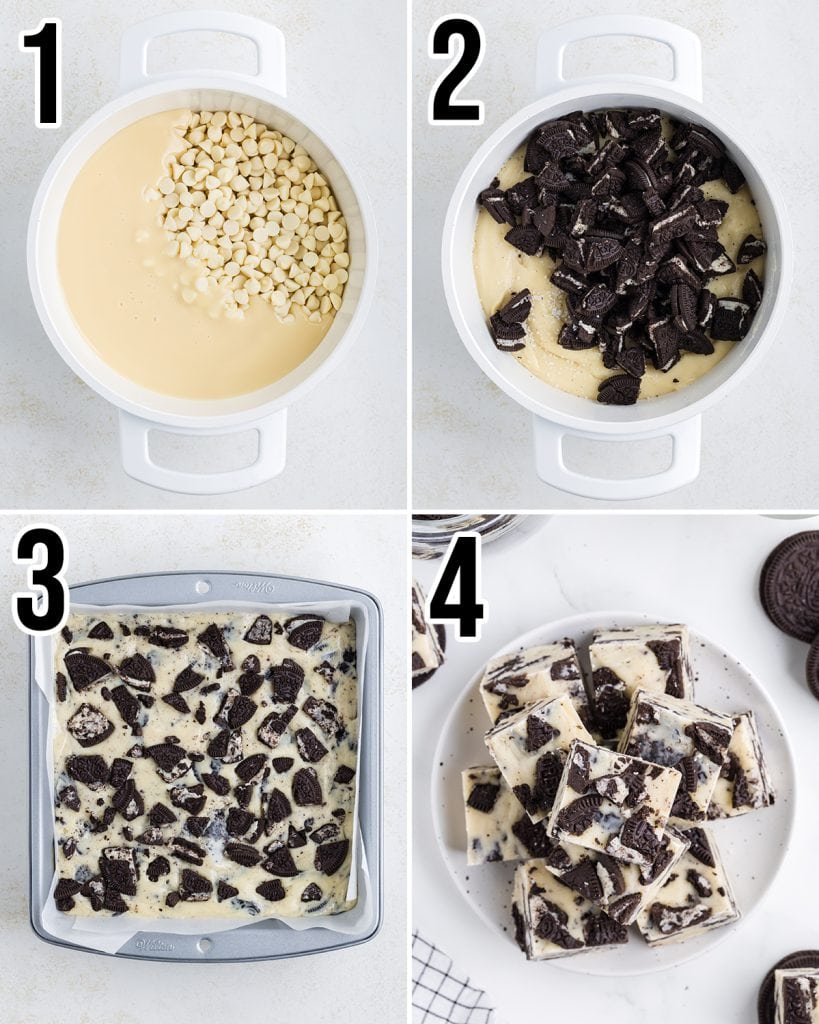 A collage of 4 photos showing how to make Oreo Fudge.