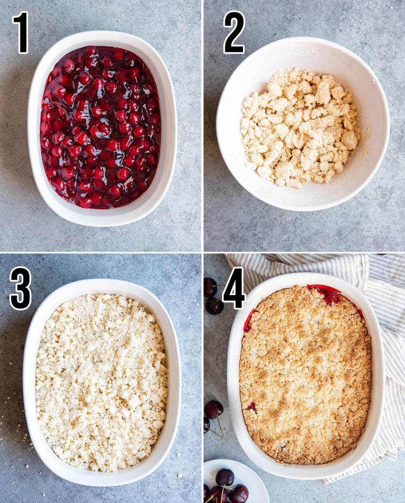 A collage of four ingredients needed to make cherry cobbler with a cake mix.