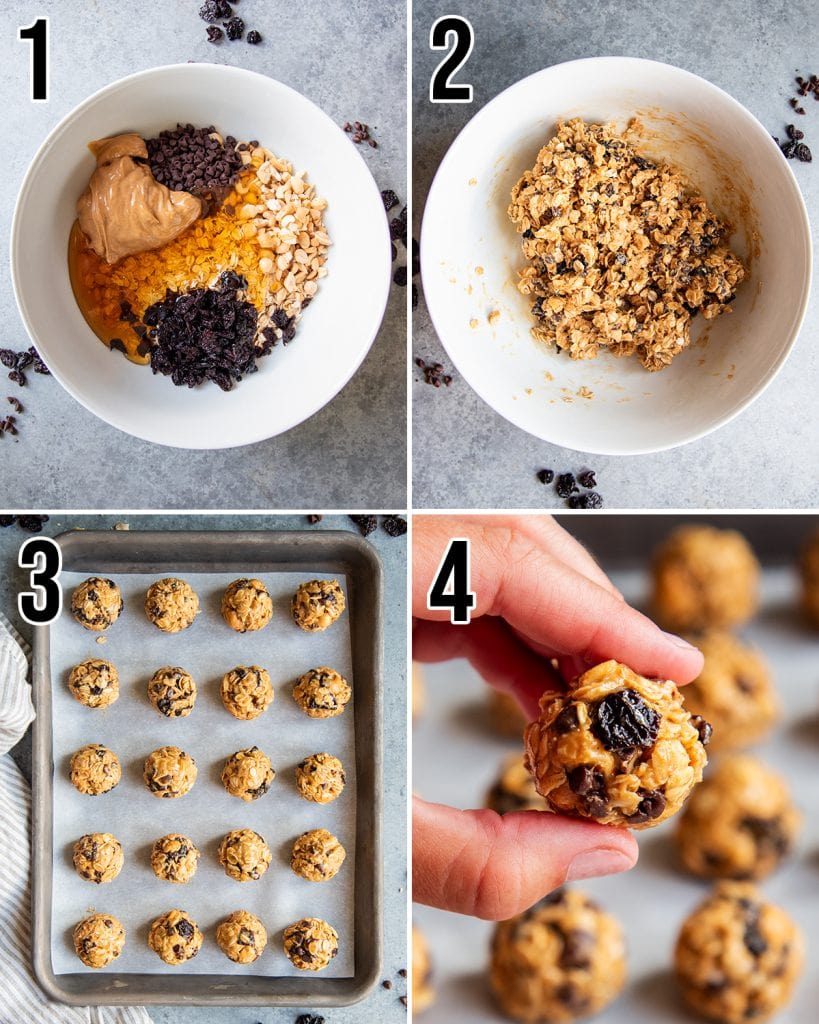 A collage of 4 photos showing the steps how to make cherry energy balls.