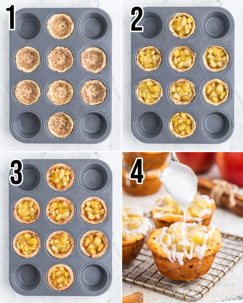 A collage of the 4 ingredients needed to make cinnamon roll apple pie cups.
