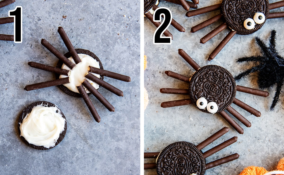 A collage of two photos showing how to make Oreo Spiders.