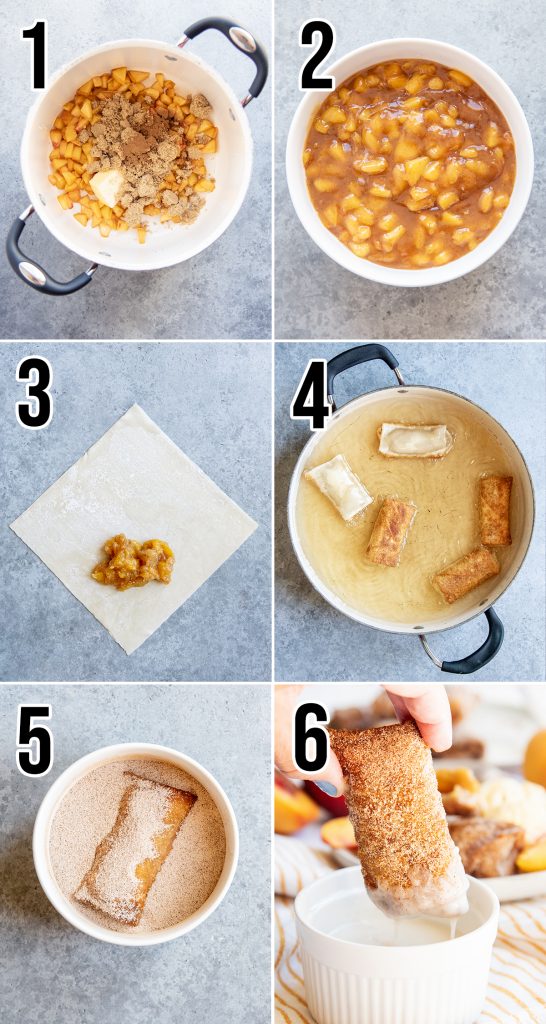 A collage of 6 photos showing the steps of how to make peach cobbler egg rolls.