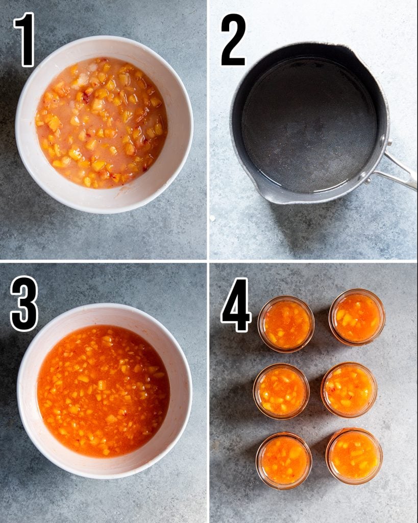 A collage of 4 photos showing the steps for how to make peach freezer jam.