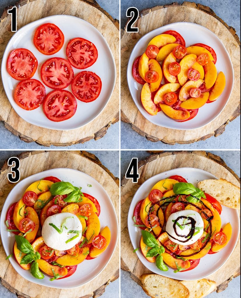 A collage of 4 photos showing the steps of how to make a tomato and peach burrata salad.