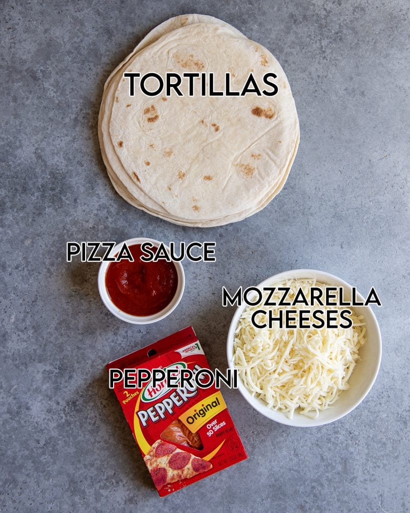 An overhead photo of the ingredients needed to make tortilla pizzas in the air fryer.