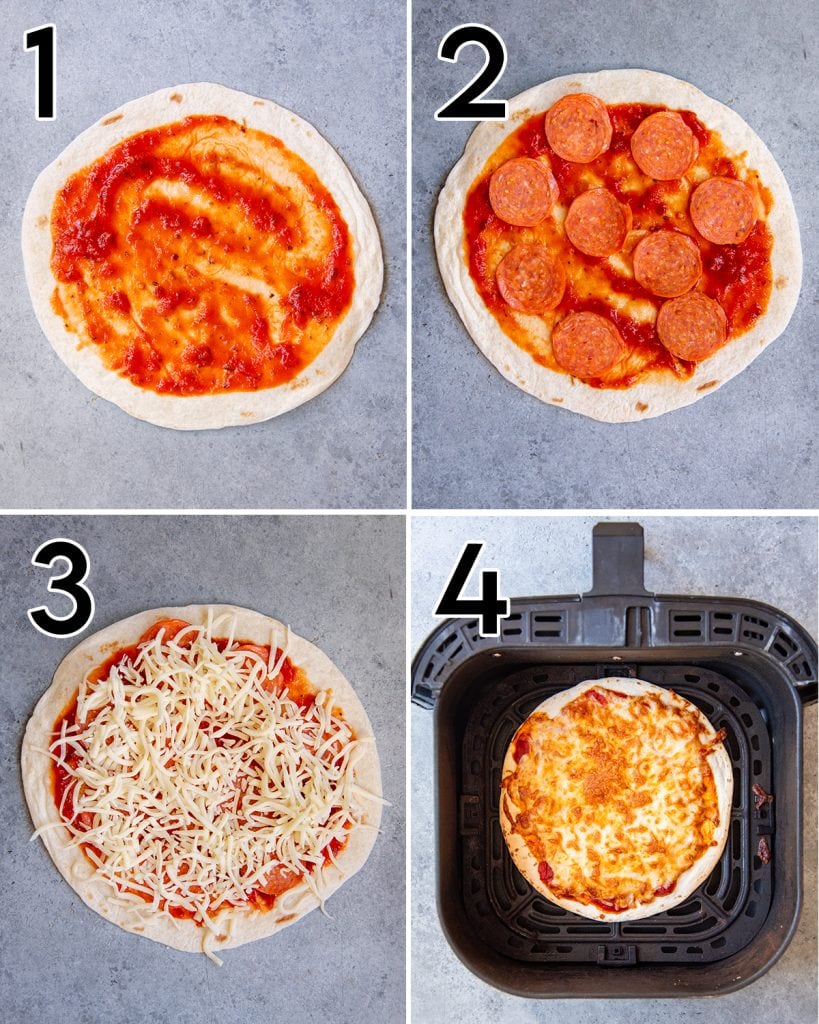 A collage of 4 photos showing how to make air fryer tortilla pizzas!