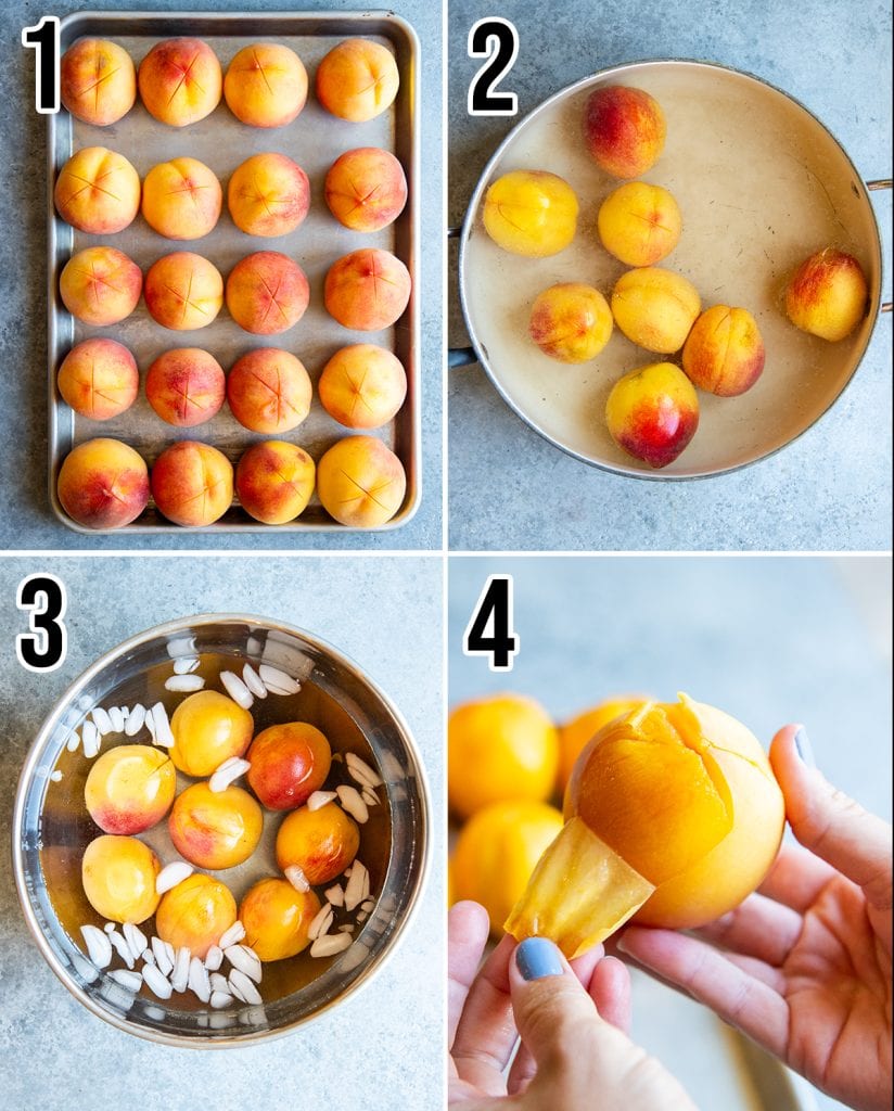 A collage of four photos showing how to peel peaches.
