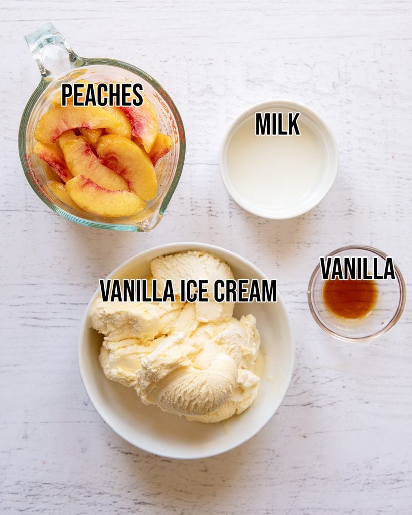 An overhead photo of the ingredients needed to make a peach milkshake.