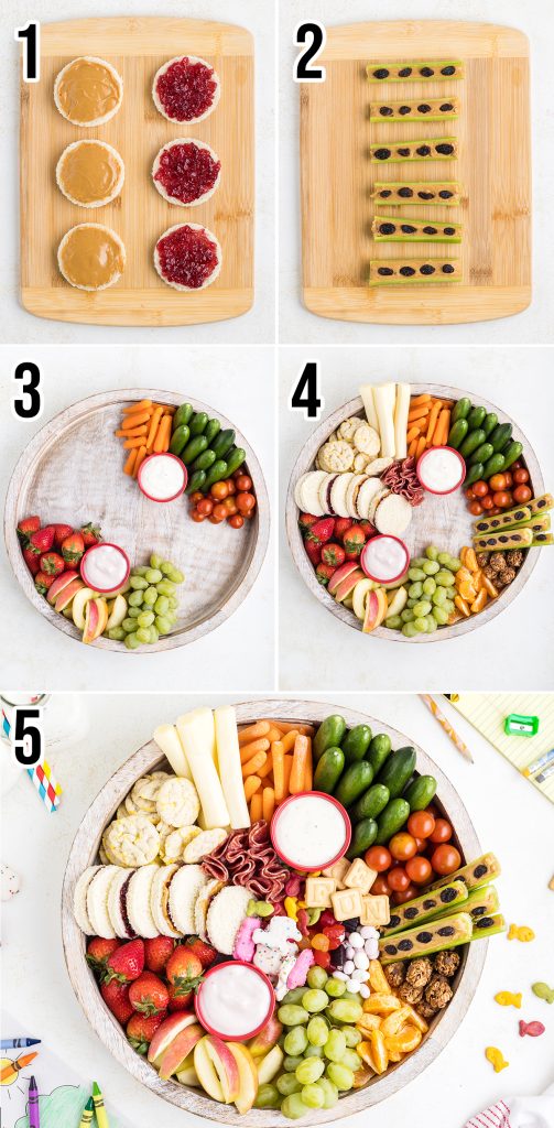 A collage of 5 photos showing how to make an afterschool snack board.