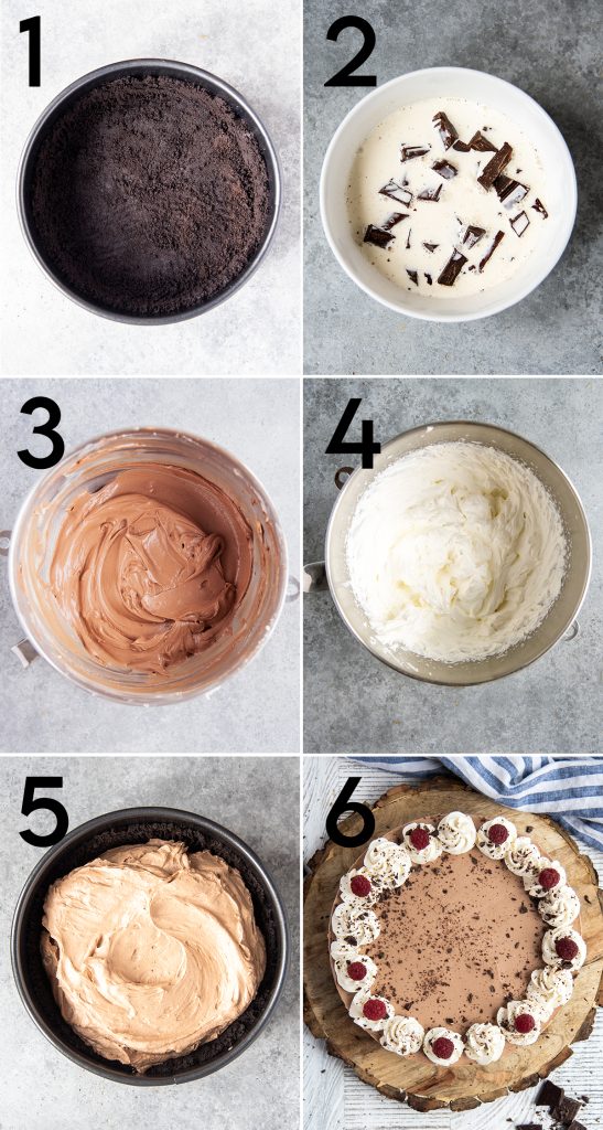 A collage of 6 photos showing how to make no bake chocolate cheesecake.