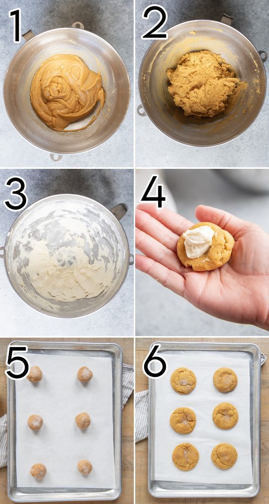 A collage of 6 photos showing how to make pumpkin cheesecake cookies.