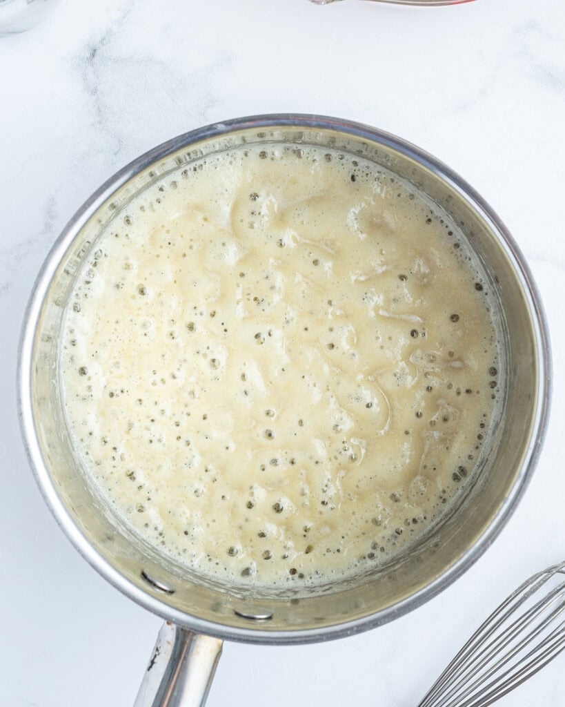 A bubbling roux in a pot.
