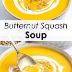 A collage of two photos of bowls of butternut squash soup with cream and sunflower seeds on top.