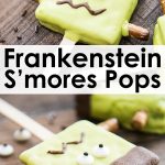 A collage of two photos of a smore on a stick decorated to look like frankenstein's monster.