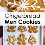 A collage of two photos of gingerbread men cookies. The first is a close up of them on a plate, the second is rows of them on a cookie sheet.