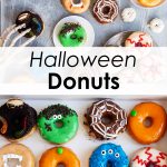 A collage of two photos of a variety of Halloween donuts, frankenstein, mummy, pumpkin, vampire, monster, and eyeball.