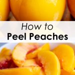 A collage of two photos of peeled peaches, a whole peach and peach slices.